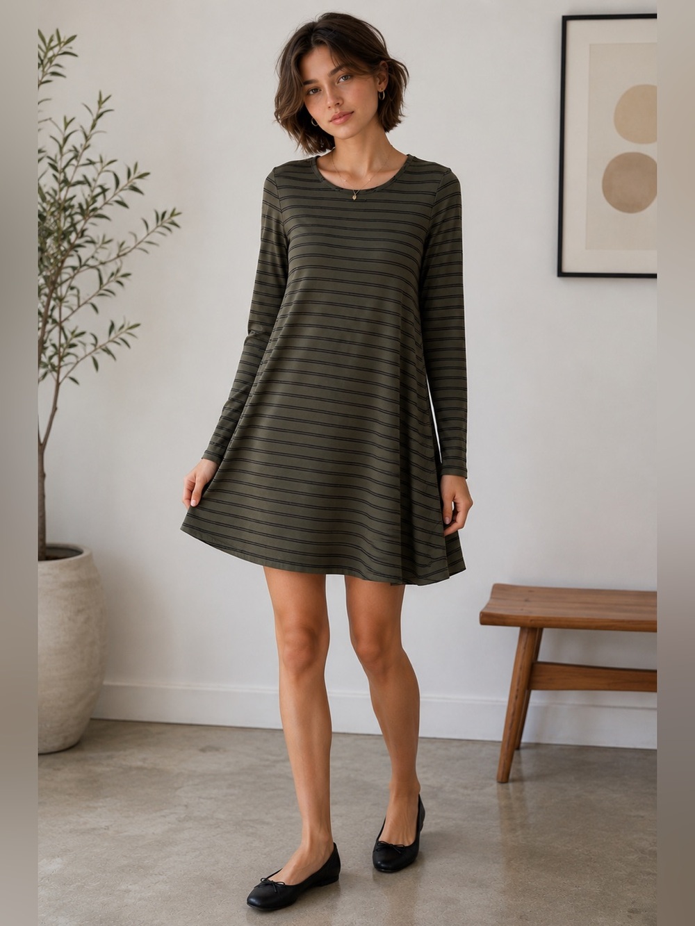 Old Navy Olive Green Striped Long-Sleeve A-Line Dress